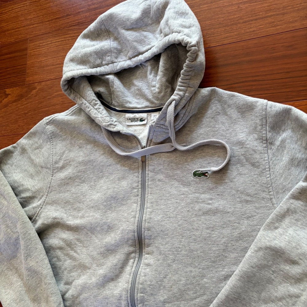 Lacoste Sport Full Zip Hoodie Heather Grey Embroidered Logo Sweatshirt US 3XL